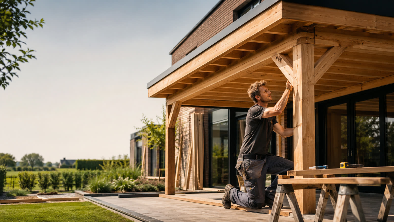 Timmerman aan het werk met hout en gereedschap