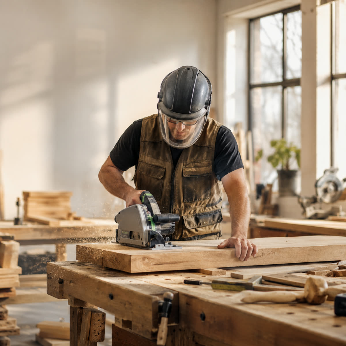 Timmerman aan het werk met hout in onze werkplaats